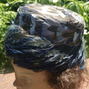 Vintage Blue & Black Feathered Pillbox Hat 1950s Genuine Feathers